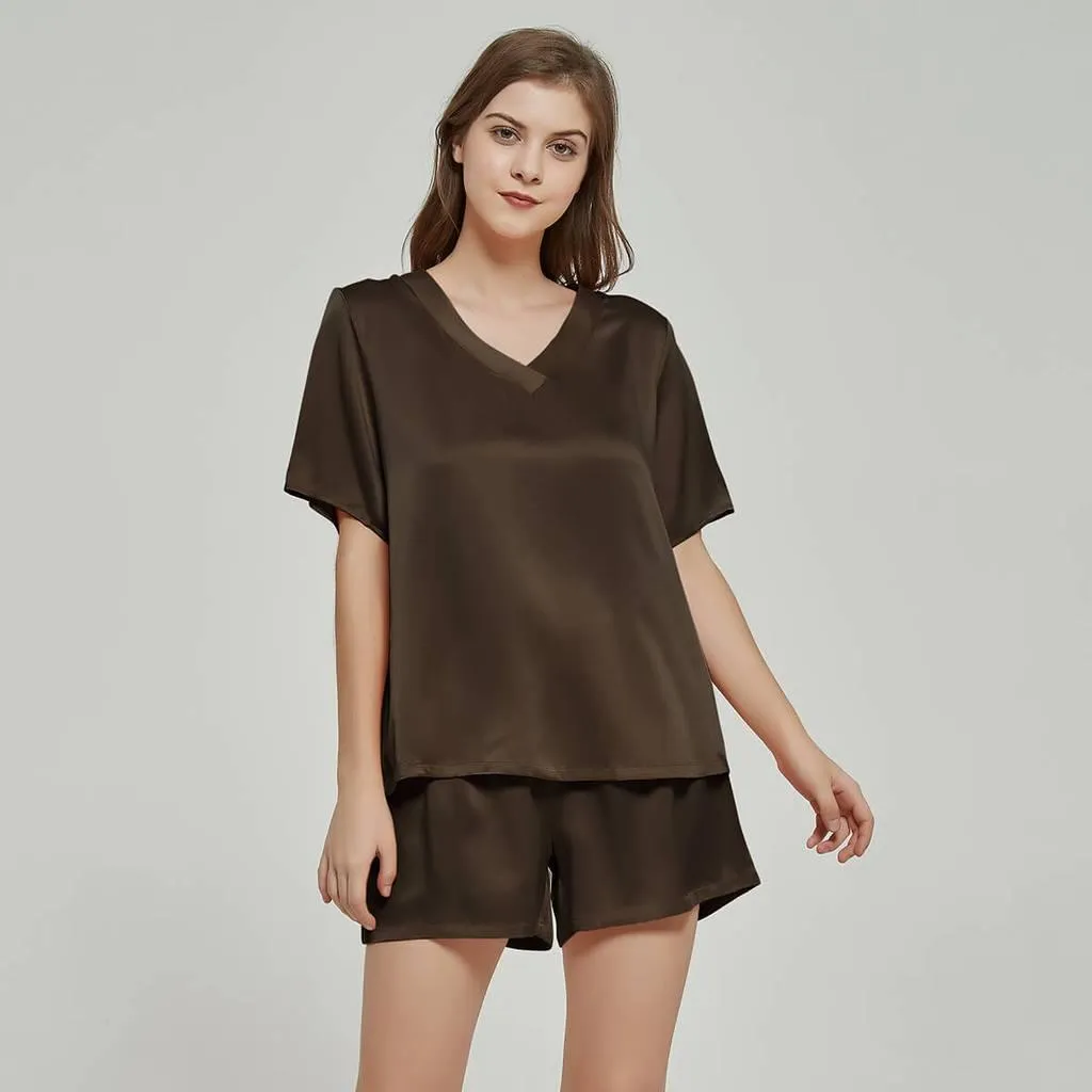 100% Mulberry Luxury V Neck Short sleeve Silk Pajamas Set for Women