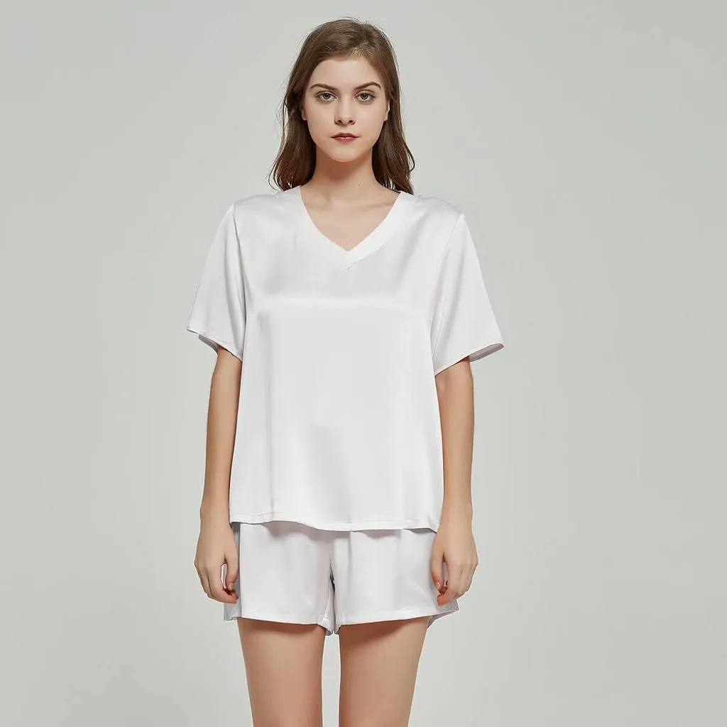 100% Mulberry Luxury V Neck Short sleeve Silk Pajamas Set for Women