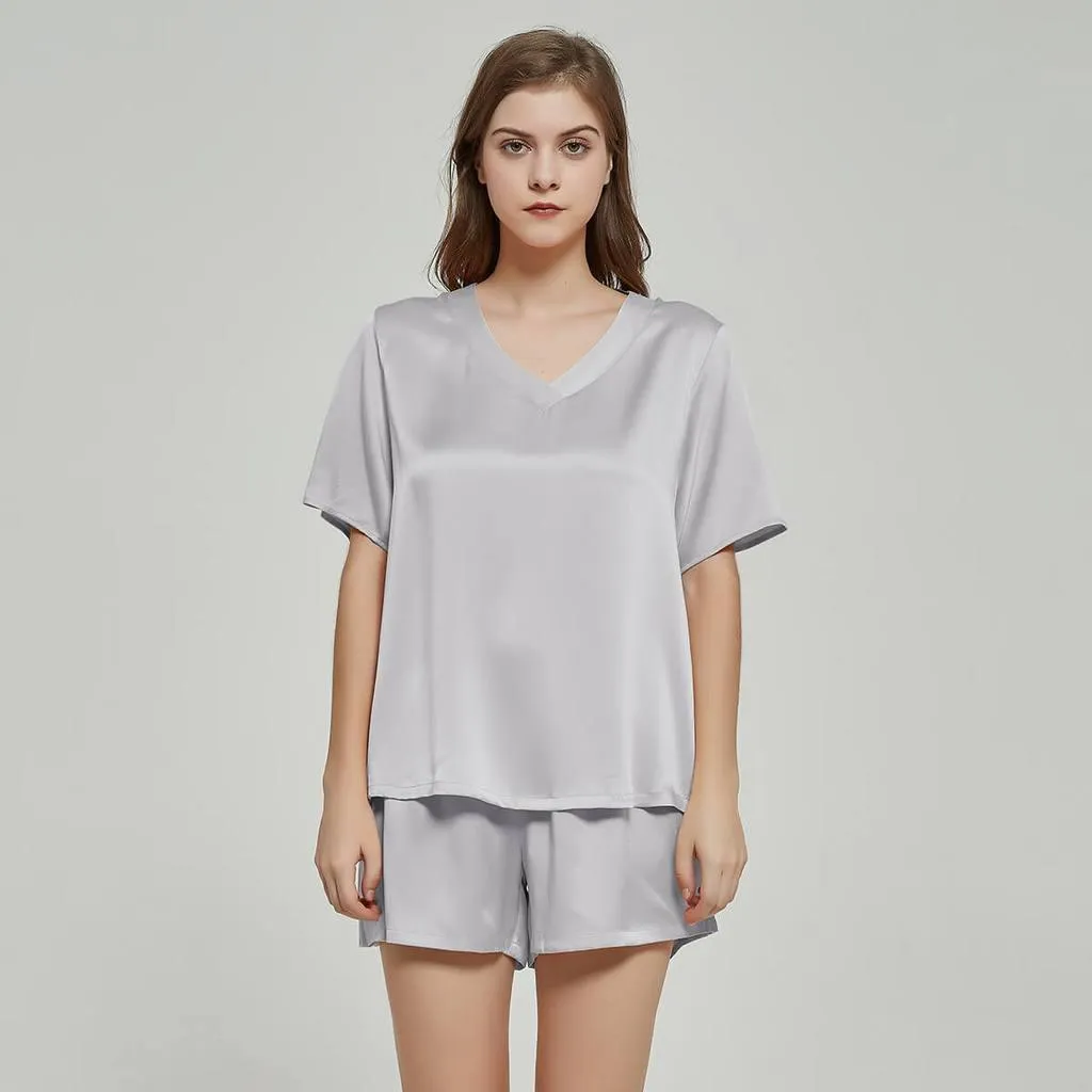 100% Mulberry Luxury V Neck Short sleeve Silk Pajamas Set for Women
