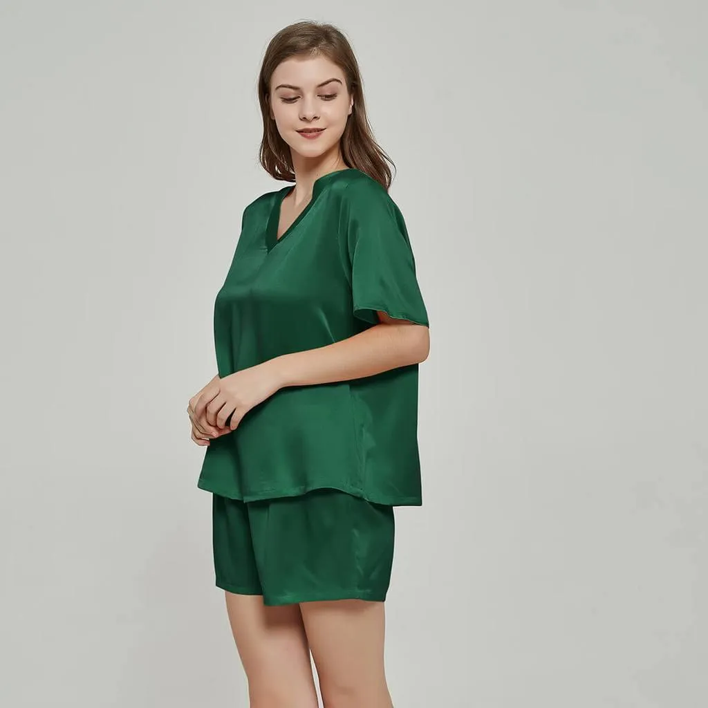100% Mulberry Luxury V Neck Short sleeve Silk Pajamas Set for Women