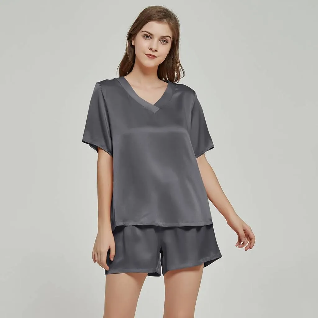 100% Mulberry Luxury V Neck Short sleeve Silk Pajamas Set for Women