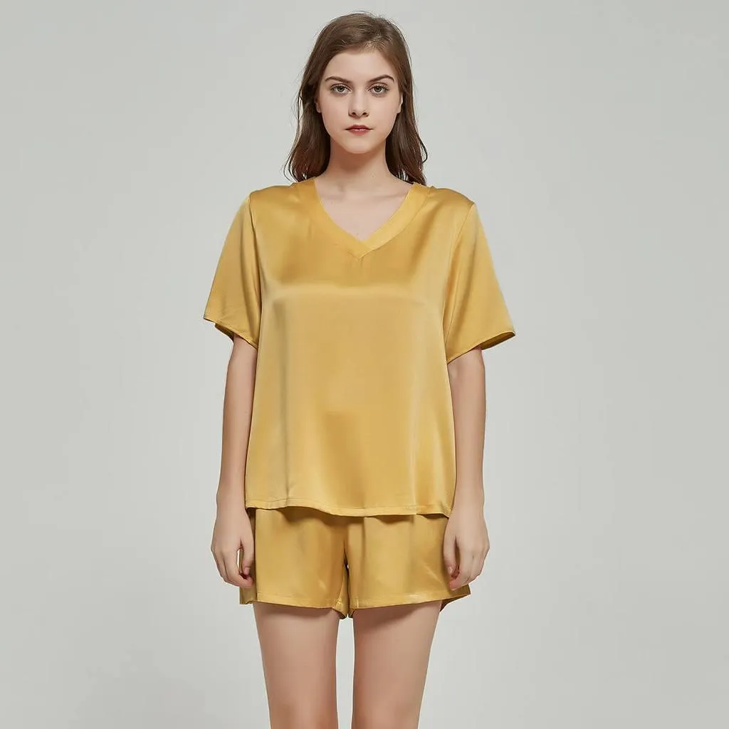 100% Mulberry Luxury V Neck Short sleeve Silk Pajamas Set for Women