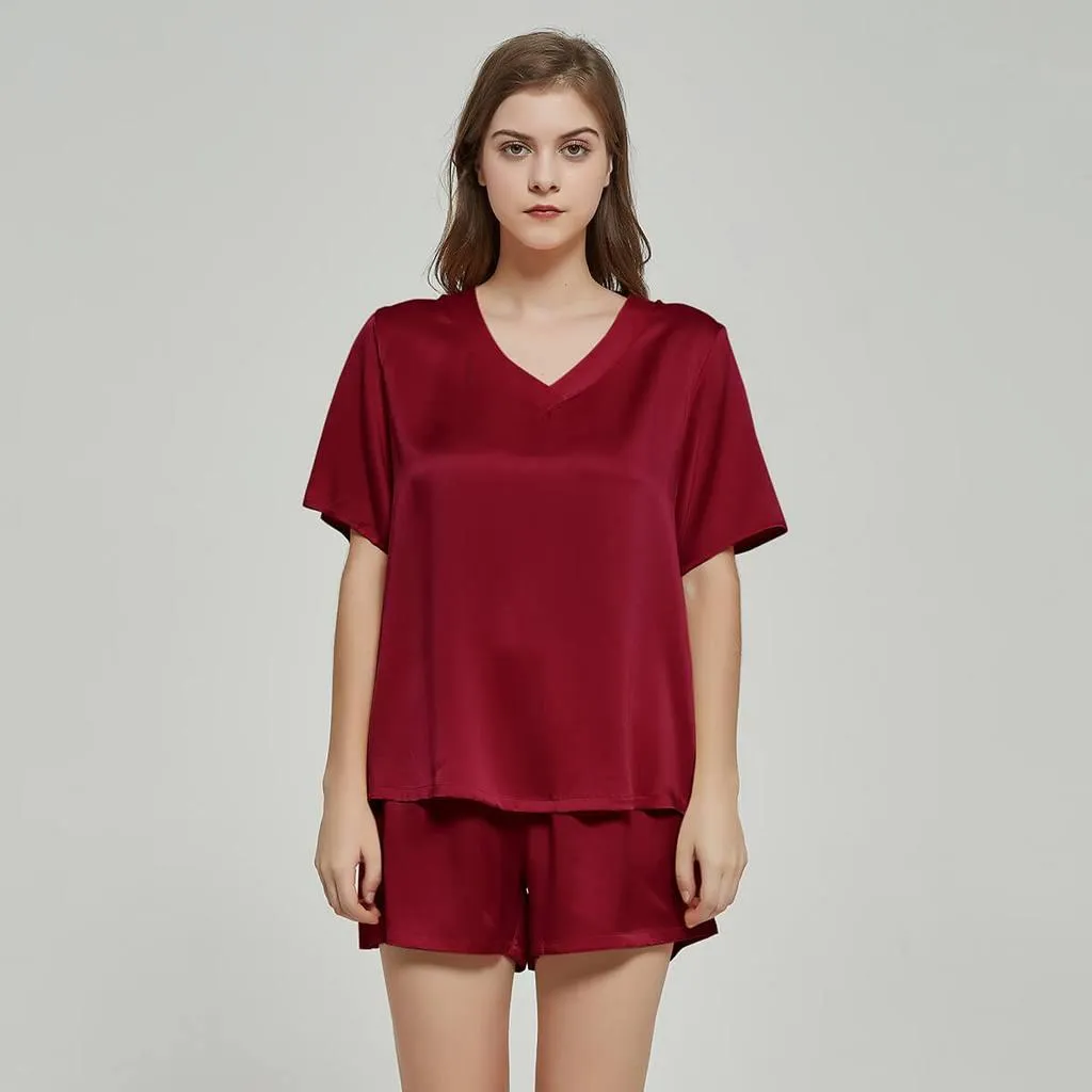 100% Mulberry Luxury V Neck Short sleeve Silk Pajamas Set for Women