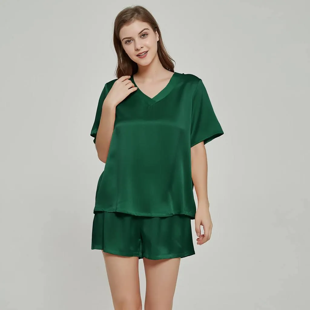 100% Mulberry Luxury V Neck Short sleeve Silk Pajamas Set for Women