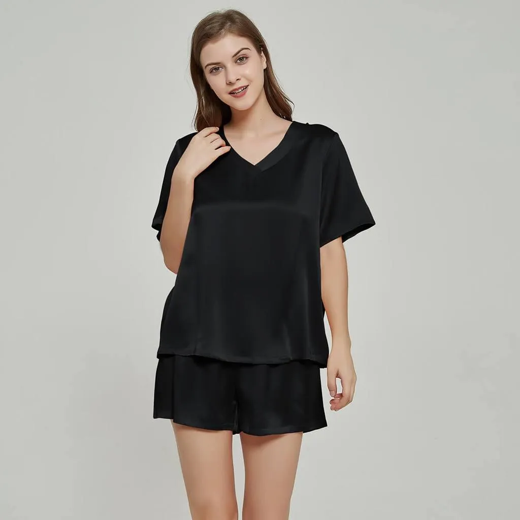 100% Mulberry Luxury V Neck Short sleeve Silk Pajamas Set for Women