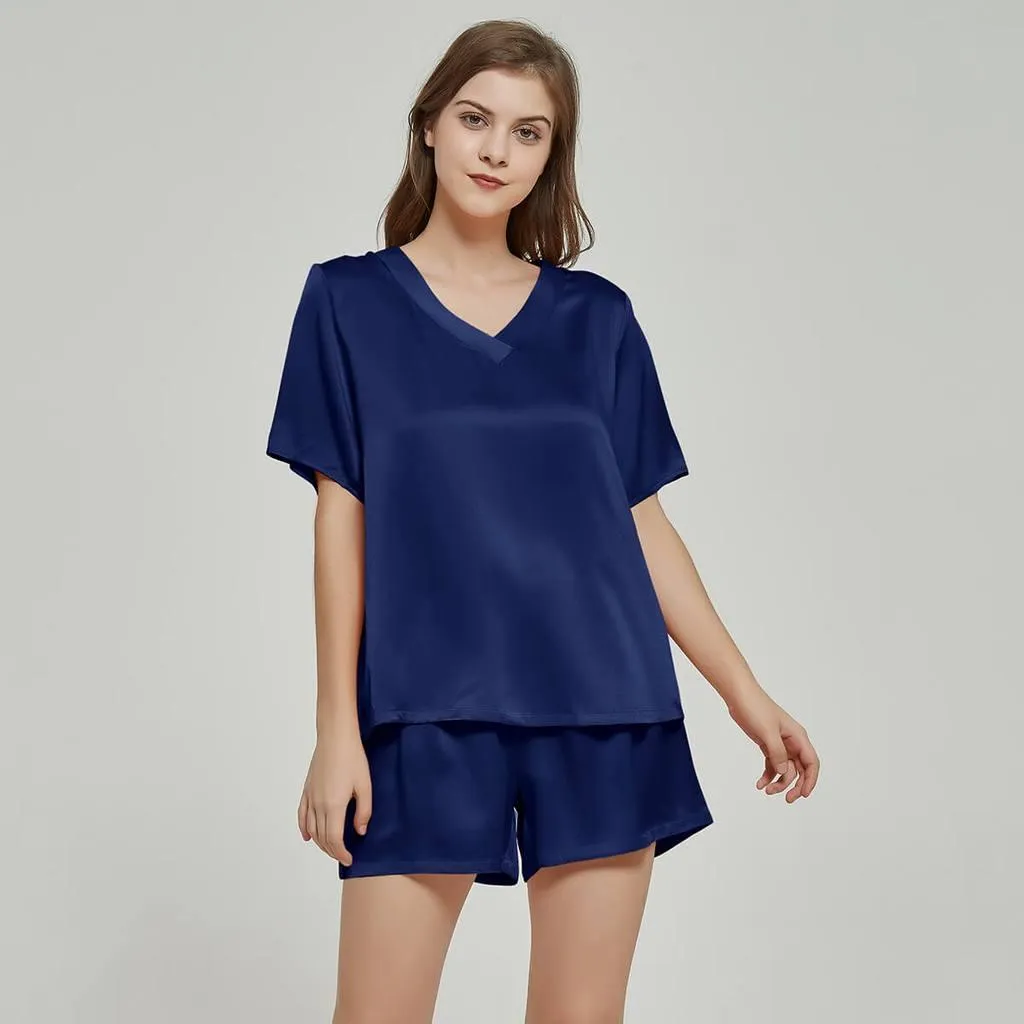 100% Mulberry Luxury V Neck Short sleeve Silk Pajamas Set for Women