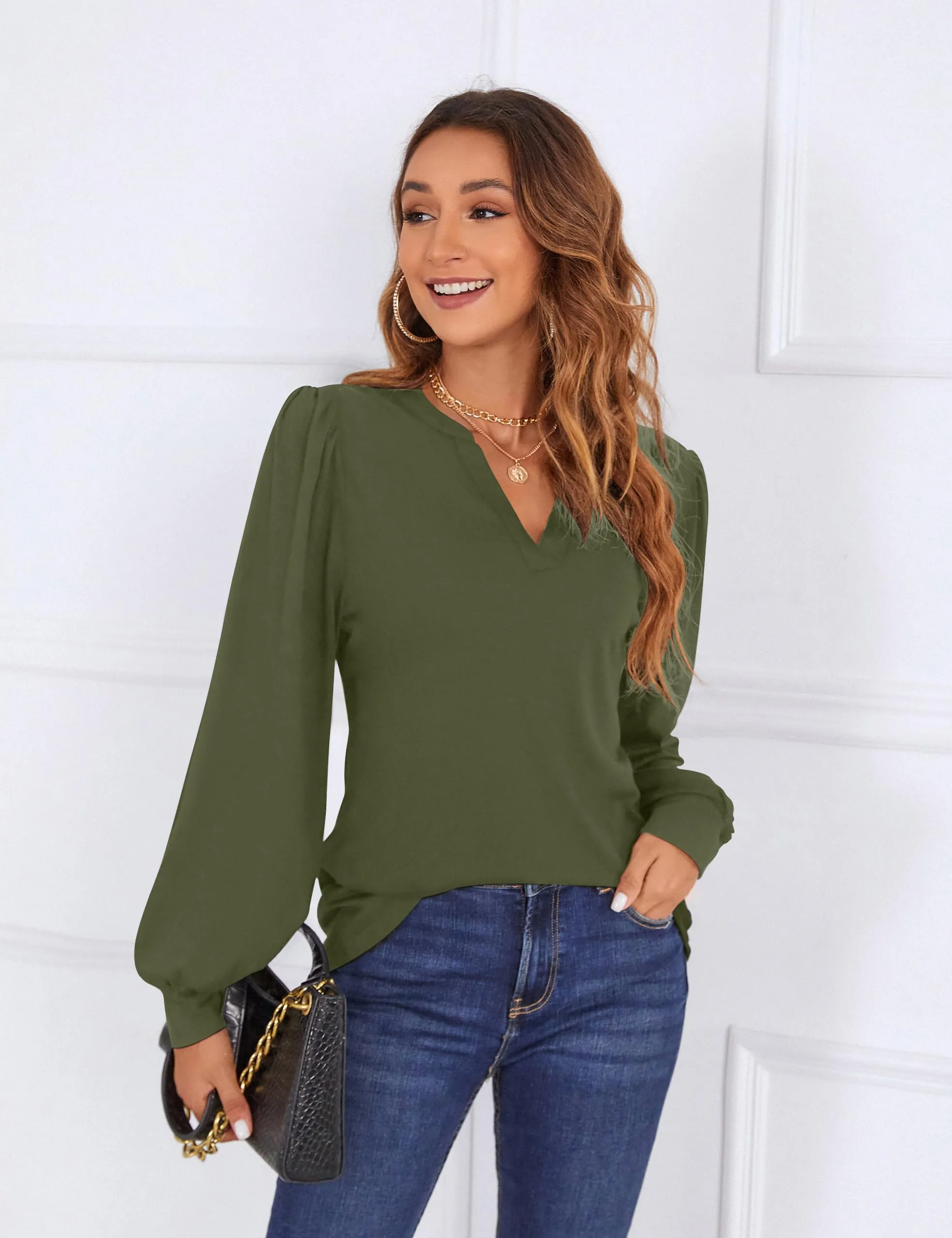 BMJL Womens Work Blouse Dressy Business Casual Tops Long Lantern Sleeve V Neck Office Fall Shirt
