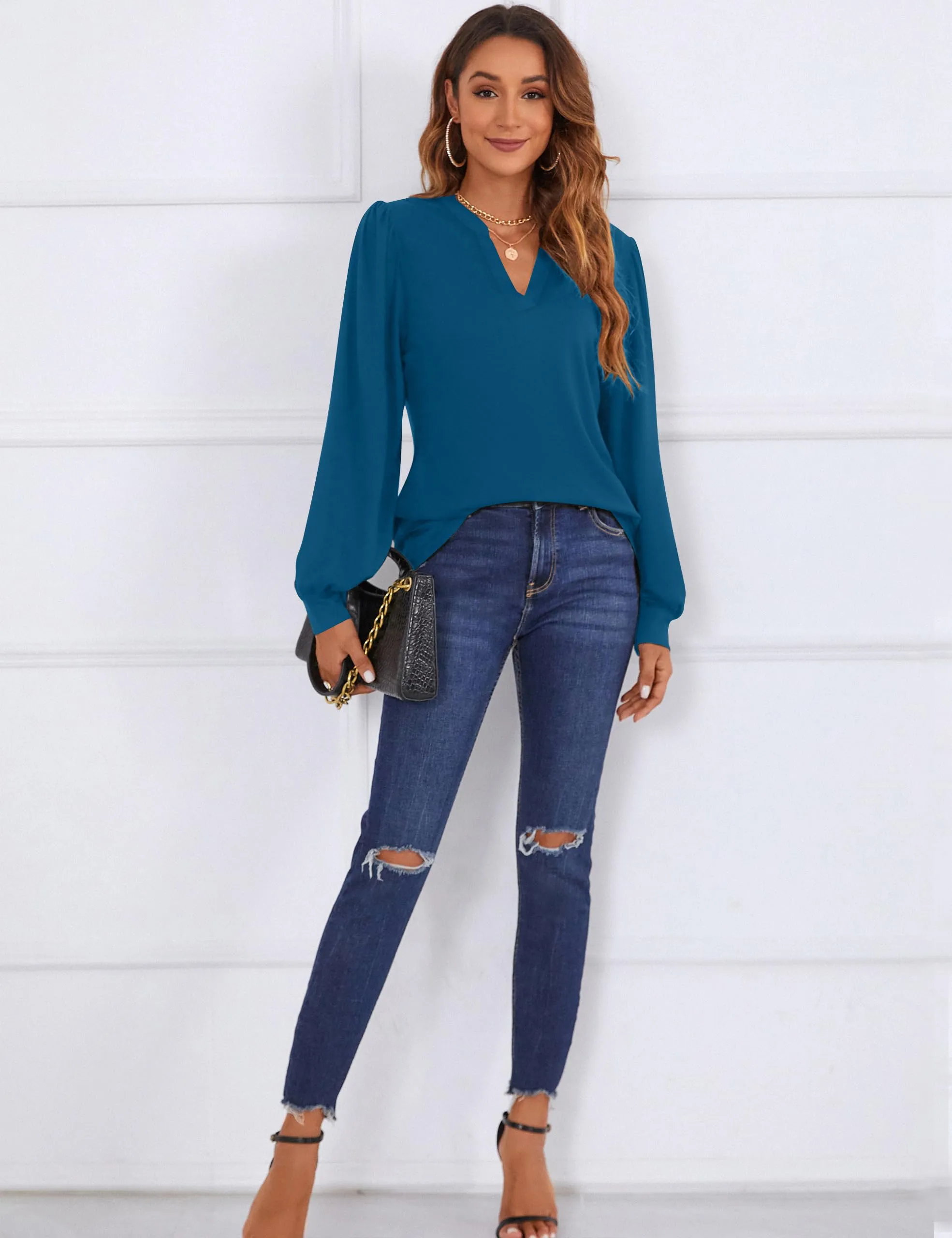 BMJL Womens Work Blouse Dressy Business Casual Tops Long Lantern Sleeve V Neck Office Fall Shirt