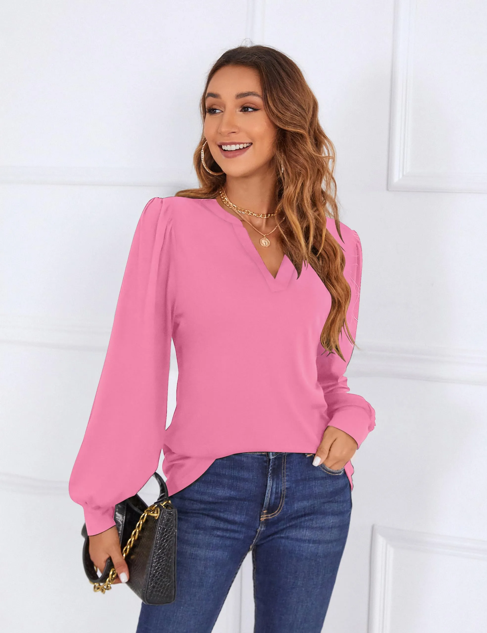 BMJL Womens Work Blouse Dressy Business Casual Tops Long Lantern Sleeve V Neck Office Fall Shirt