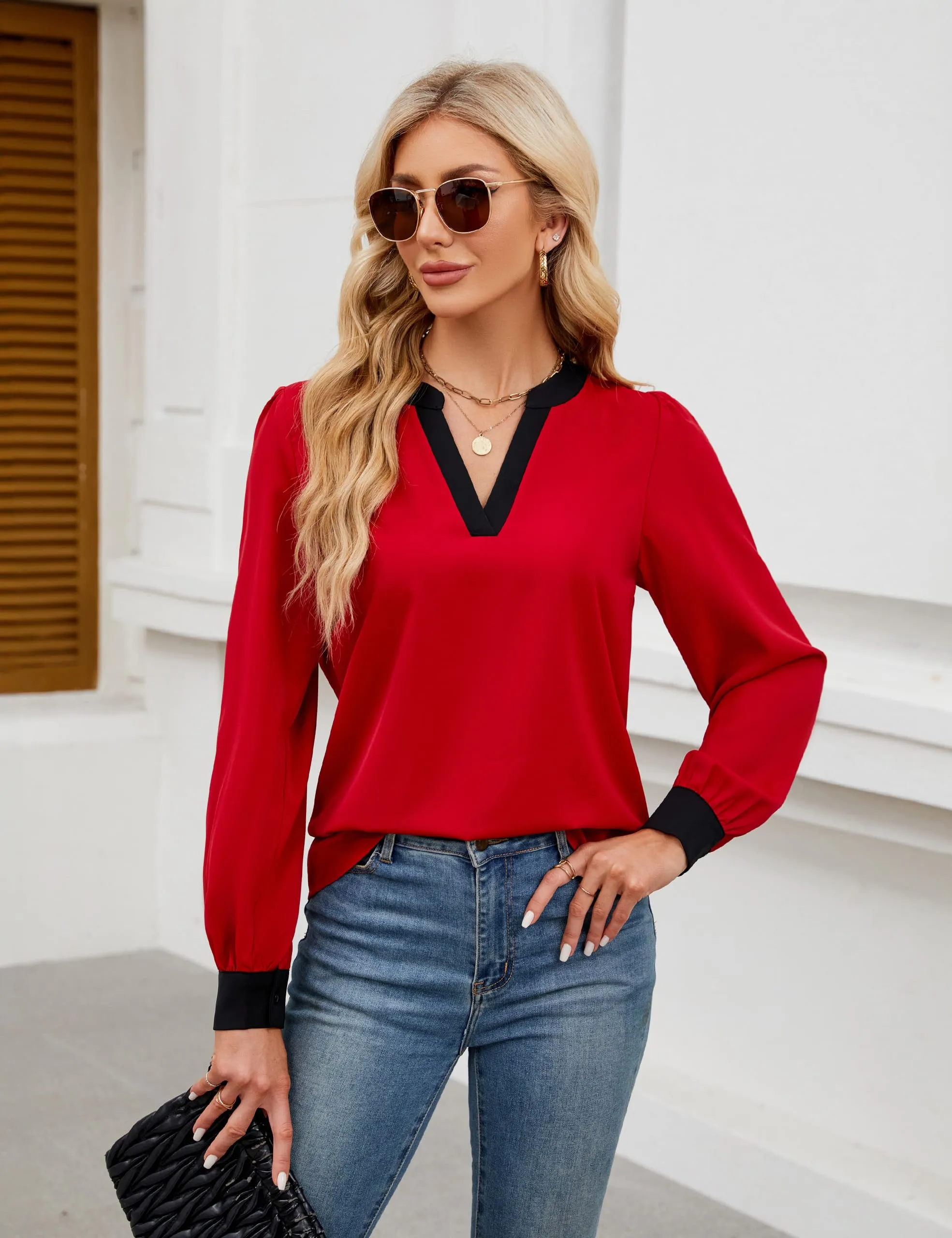 BMJL Womens Work Blouse Dressy Business Casual Tops Long Lantern Sleeve V Neck Office Fall Shirt
