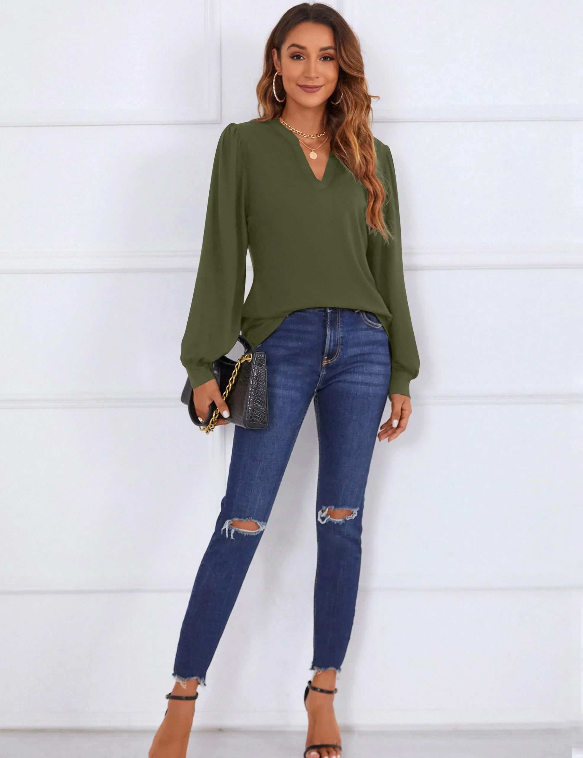 BMJL Womens Work Blouse Dressy Business Casual Tops Long Lantern Sleeve V Neck Office Fall Shirt