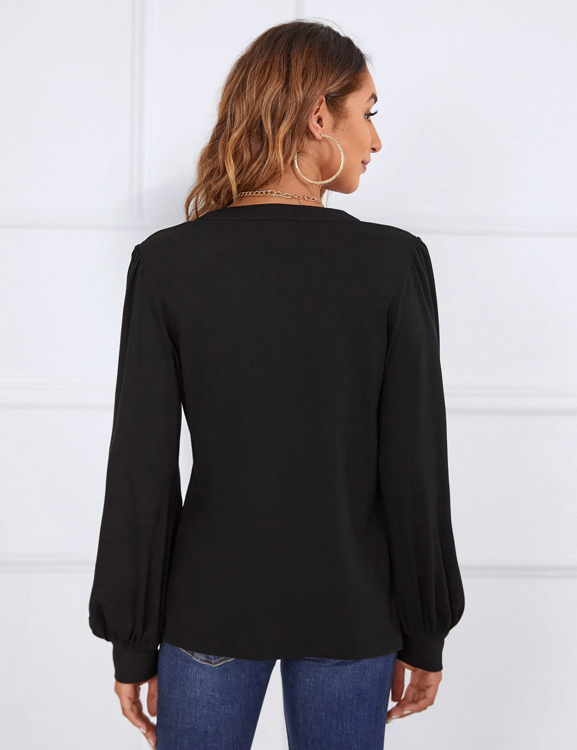 BMJL Womens Work Blouse Dressy Business Casual Tops Long Lantern Sleeve V Neck Office Fall Shirt