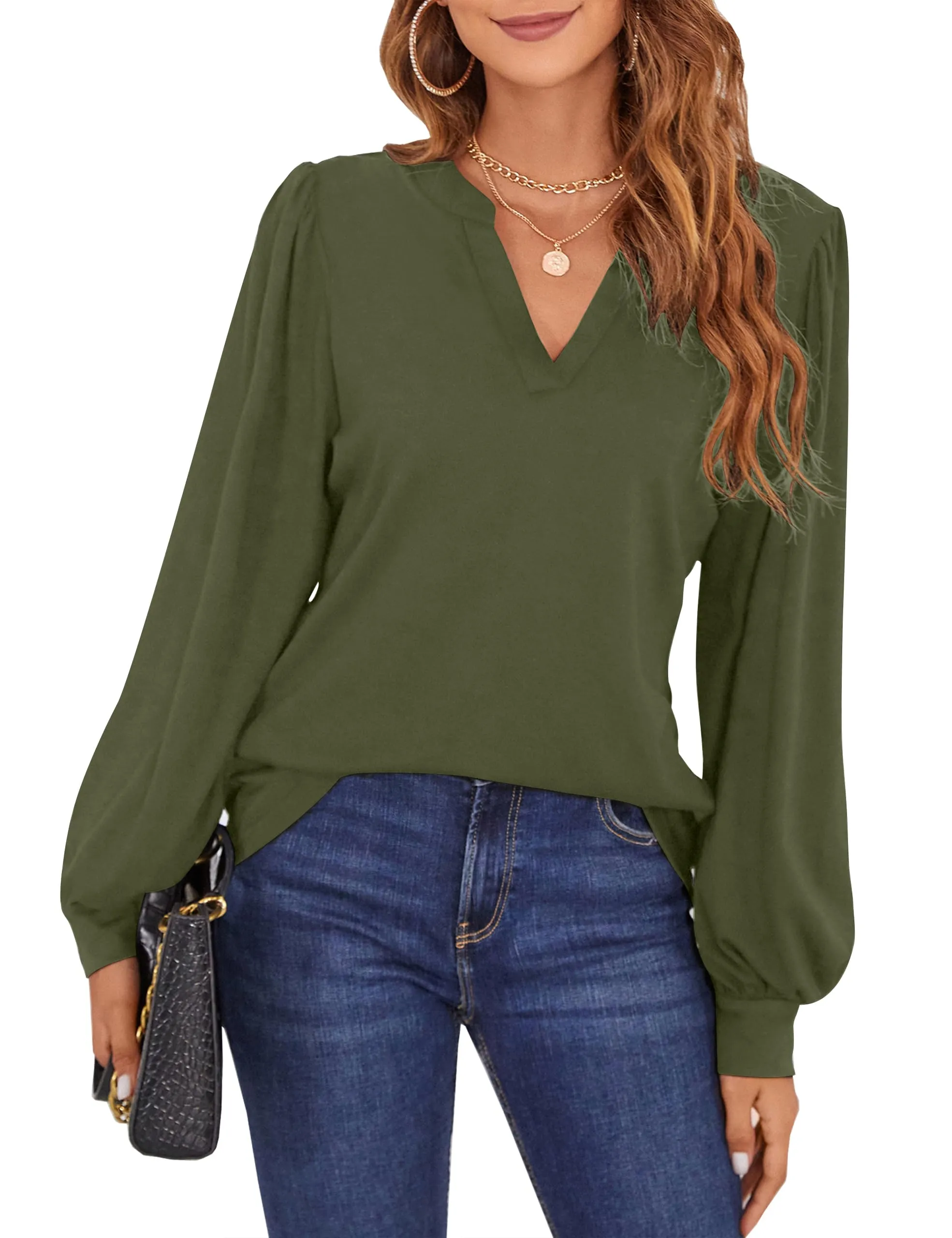 BMJL Womens Work Blouse Dressy Business Casual Tops Long Lantern Sleeve V Neck Office Fall Shirt