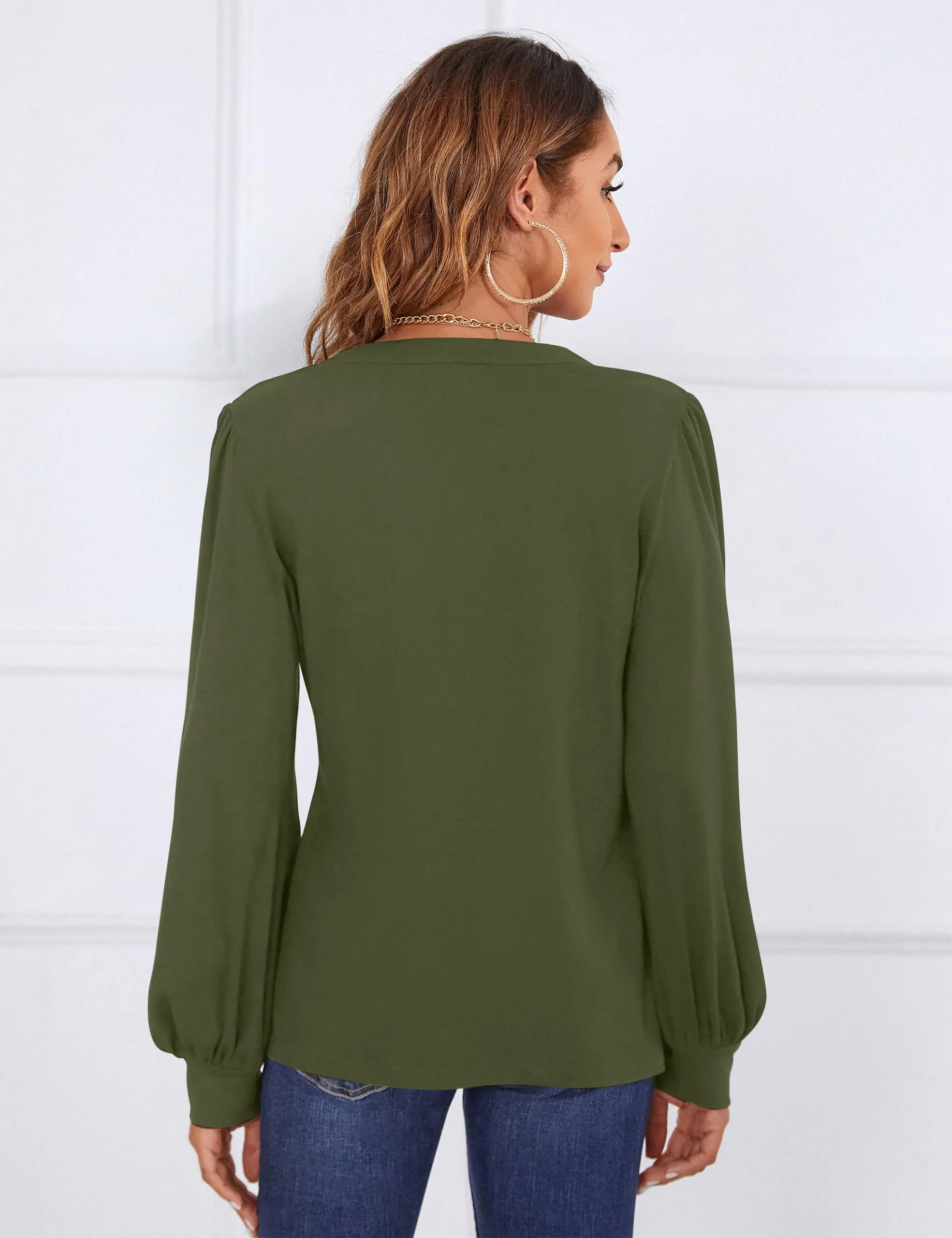 BMJL Womens Work Blouse Dressy Business Casual Tops Long Lantern Sleeve V Neck Office Fall Shirt