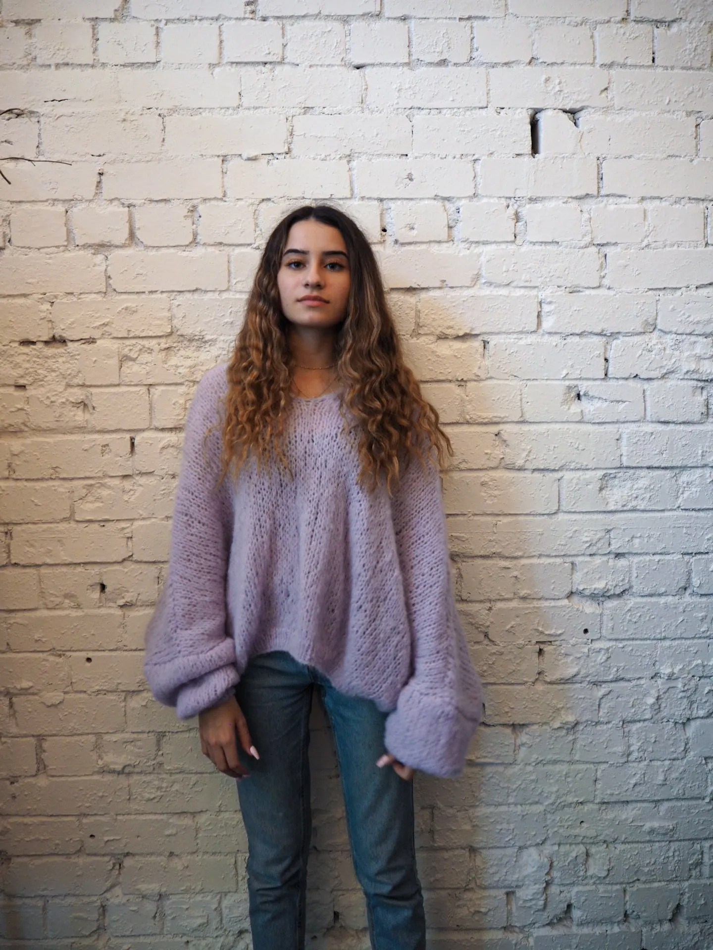 Hand knit batwing sweater V neck (Alpaca) - Lilac