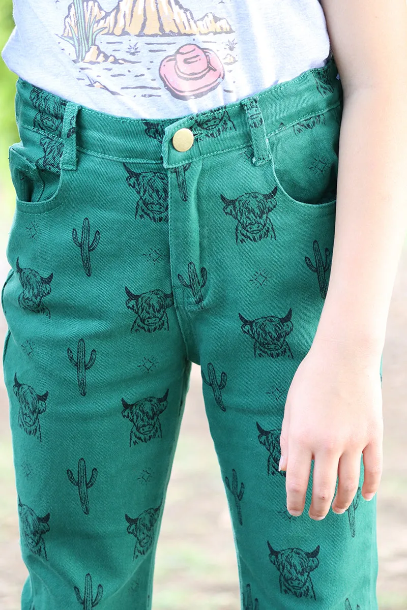 Highland cow & dessert cactus printed bootcut jeans. PNG15113006 AMY