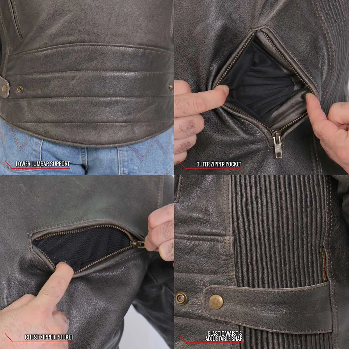 Hot Leathers JKM1029 Mens Distress Brown Carry and Conceal Leather Jacket