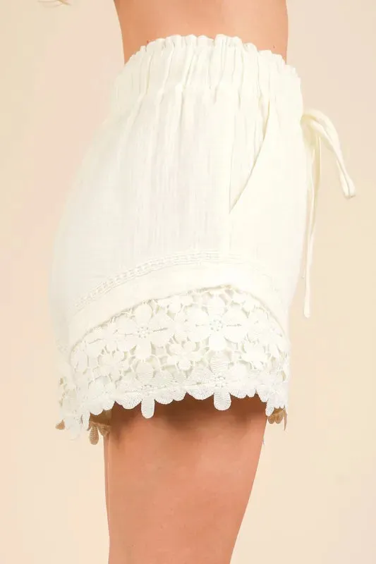 Ivory Lace Trim Cotton Paperbag Shorts
