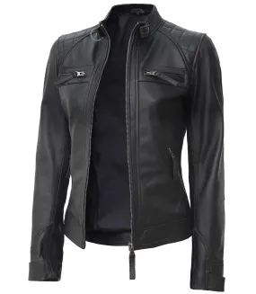 Johnson Tall Women Black Cafe Racer Leather Jacket