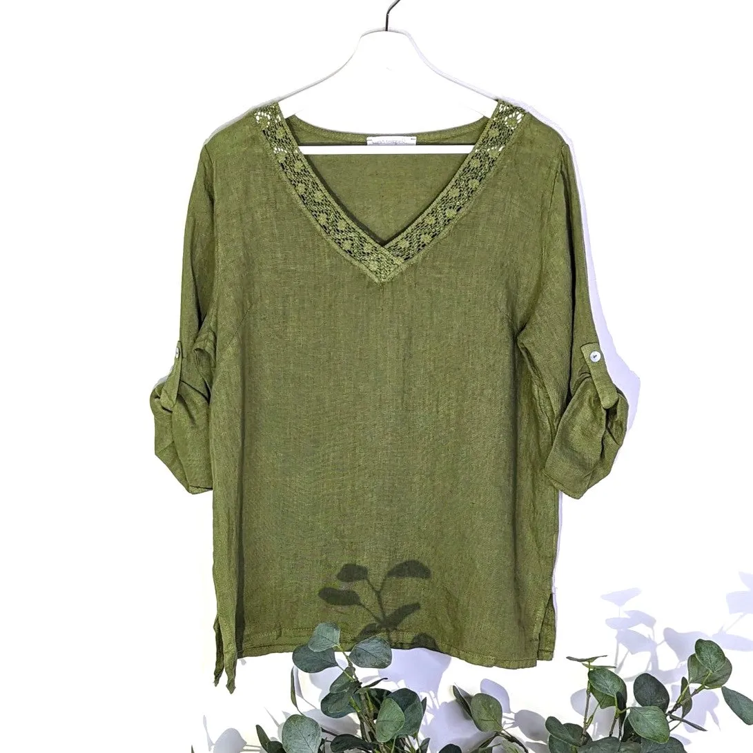 Linen top with crochet lace v neckline and 3/4 sleeves (S-M)