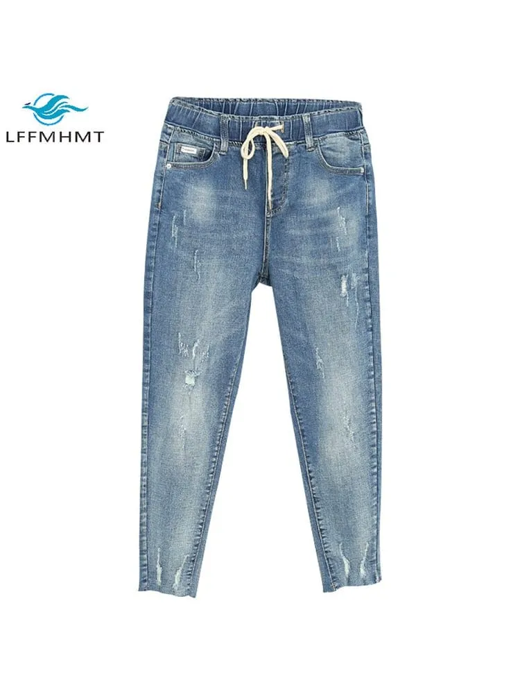 Lume Elastic Waist Denim Ripped Pants