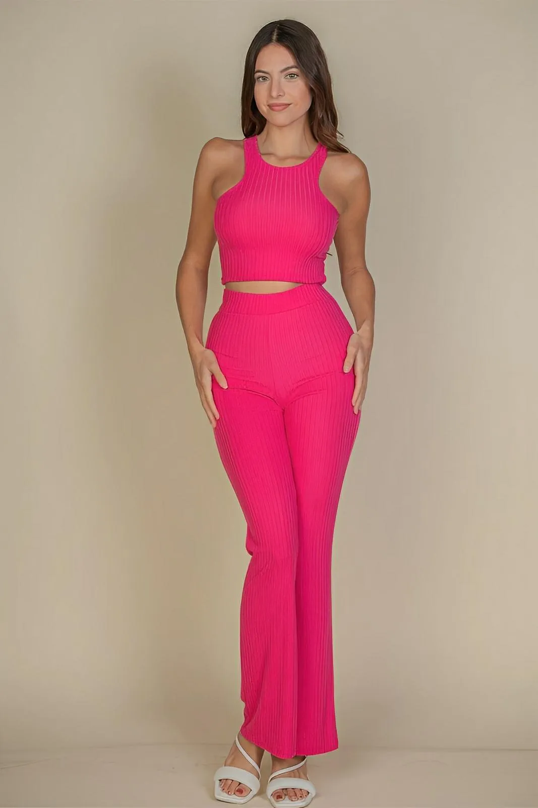 Ribbed Cropped Top And Bootcut Pants Sets