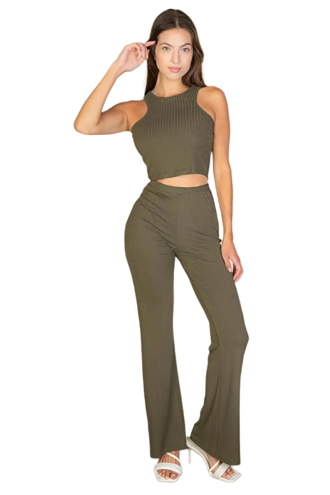 Ribbed Cropped Top And Bootcut Pants Sets