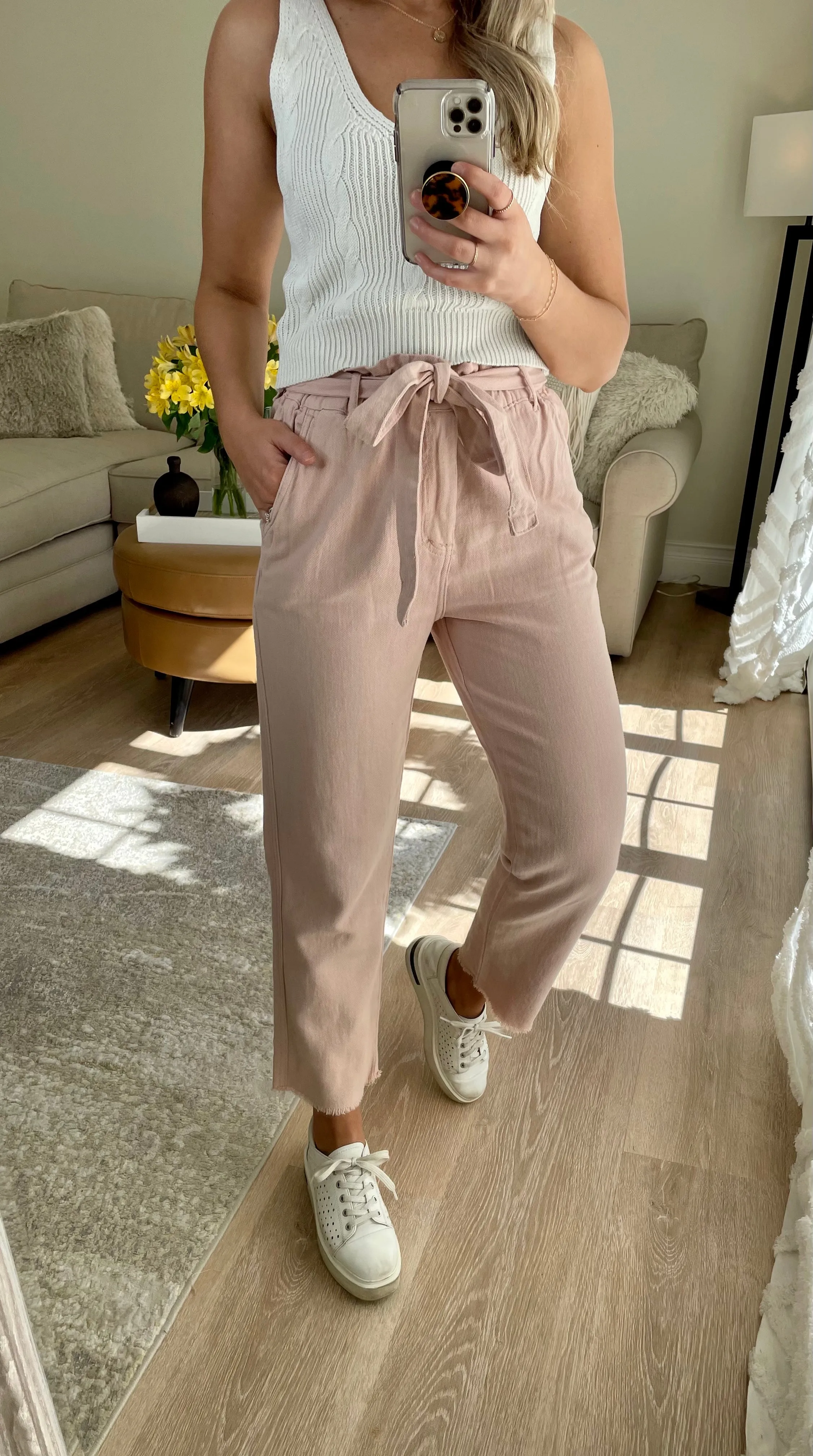 Twill Raw Hem Paperbag Pants