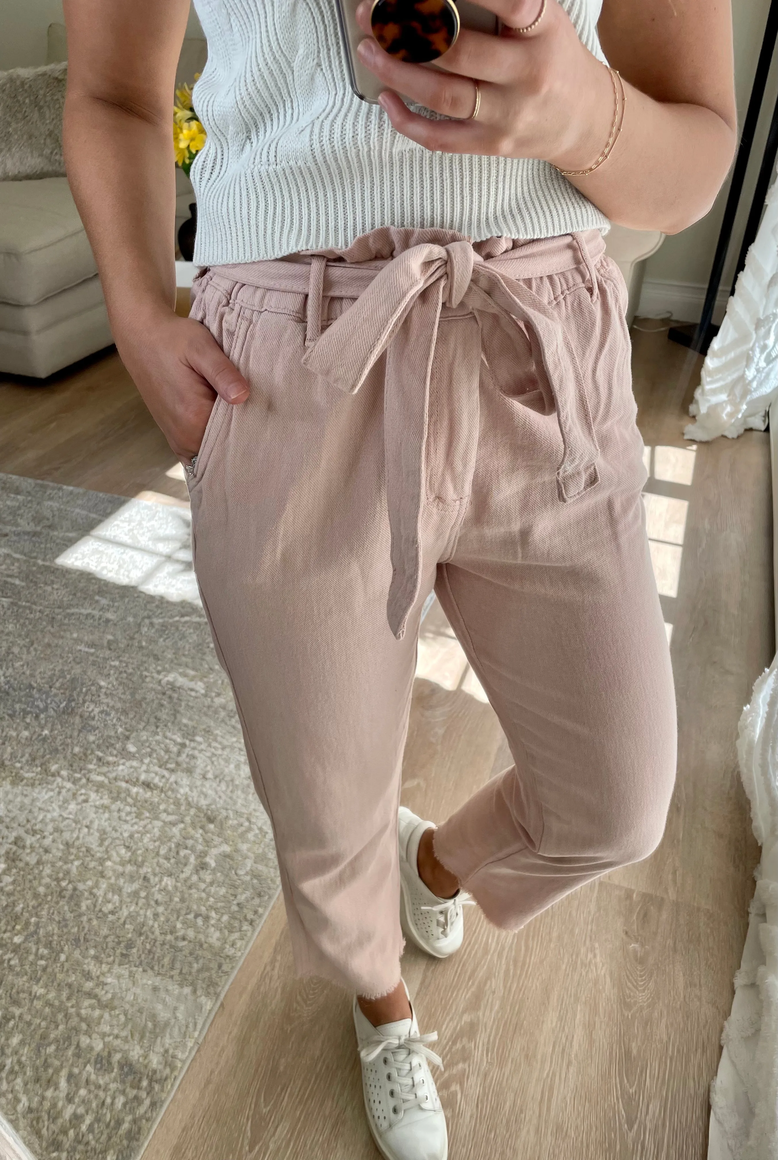 Twill Raw Hem Paperbag Pants