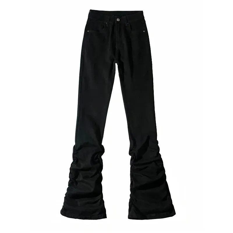 Vintage Schwarze Schlaghose mit Raffung – Trendige Y2K-Stil Bootcut Jeans